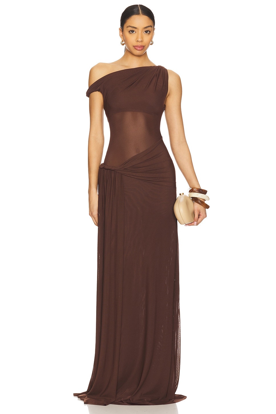Misha Sisal Espresso Goddess Ethereal Mesh Stretch Elegant Maxi $440 Nwt M